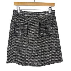 LOFT Size 2 Black White Gray Tweed Mini Skirt Patch Front Pocket Zip Back Career